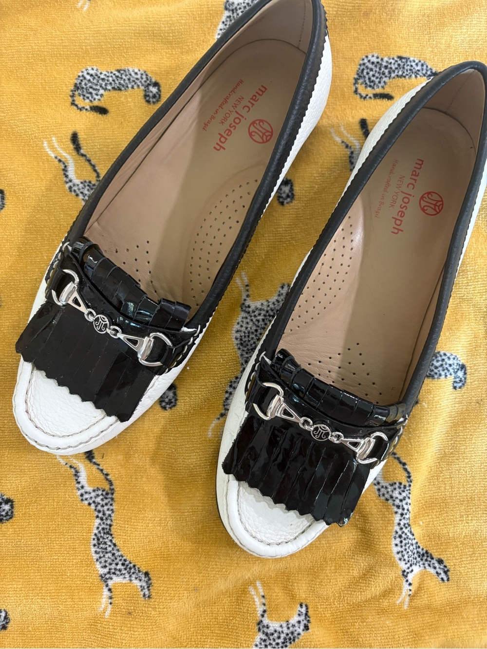 Marc Joseph Black & White Patent Fringe Loafers with Silver Bit